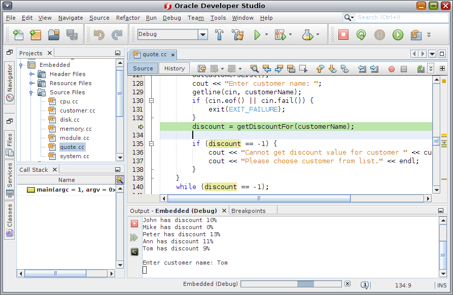 image:dbx デバッガが実行されている Oracle Developer Studio IDE のスクリーンショット