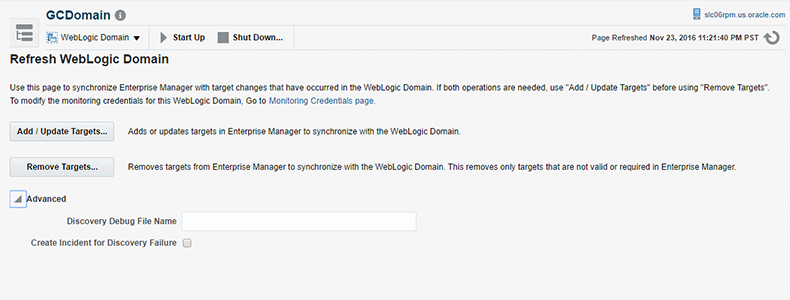 WebLogicドメインのリフレッシュ WebLogicドメインのリフレッシュ