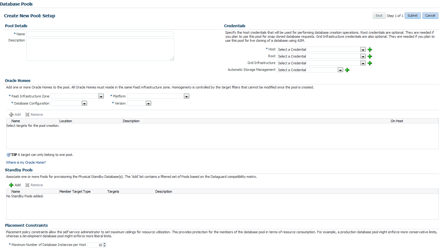 データベース・プールの作成
