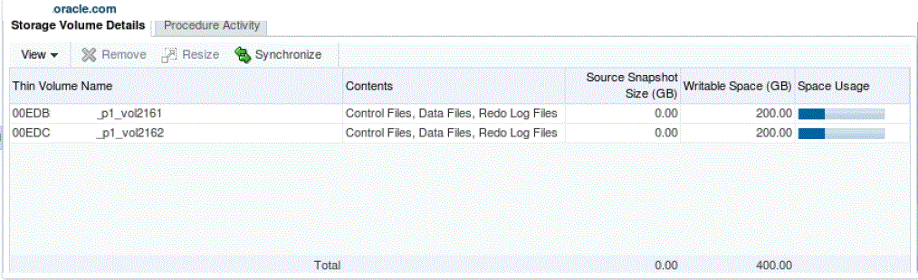 テスト・マスター・データベースのストレージ・ボリューム