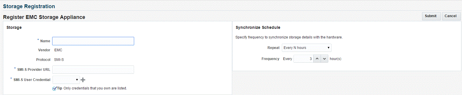 EMCストレージ・アプライアンスの登録ページ
