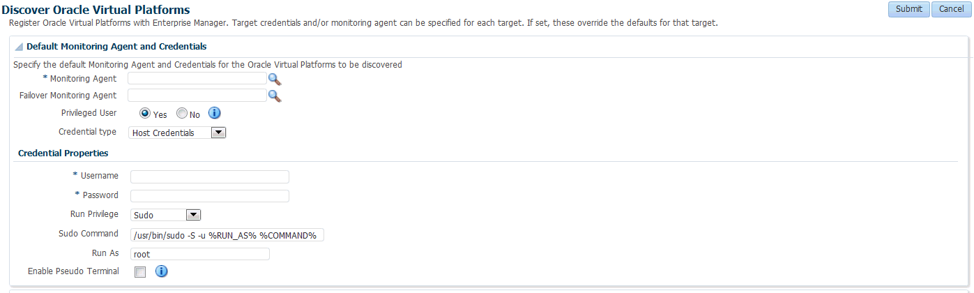 Oracle Virtual Platformの検出: 資格証明の設定 Oracle Virtual Platformの検出: 資格証明の設定