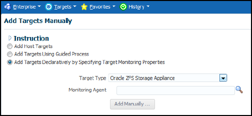 「Oracle ZFS Storage Applianceのターゲットを追加」スクリーン・ショットの例