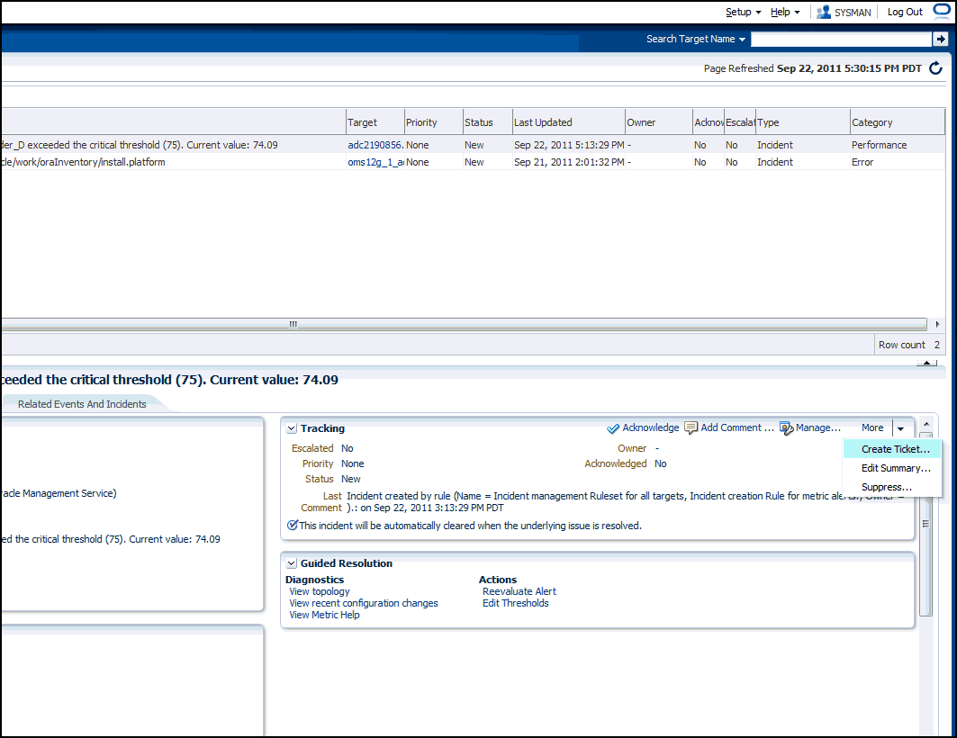 ページの右側の下部にあるメニューから選択された「チケットの作成」を示しています。