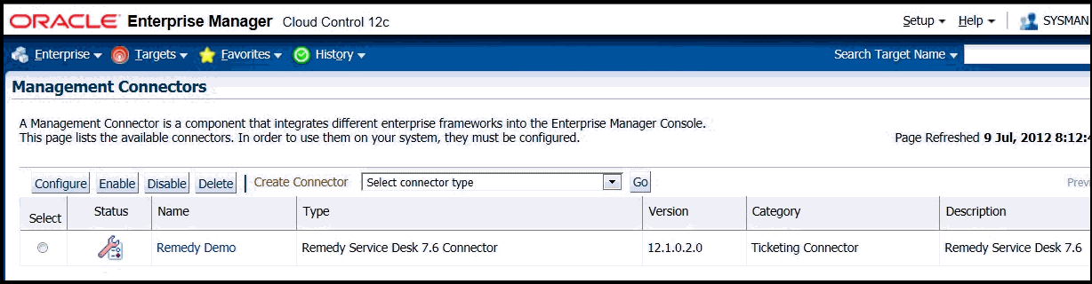 「管理コネクタ」ページのスクリーン・ショットの例