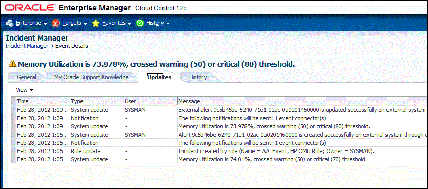 「イベントの詳細」ページの「更新」タブのコンテンツを示しています。