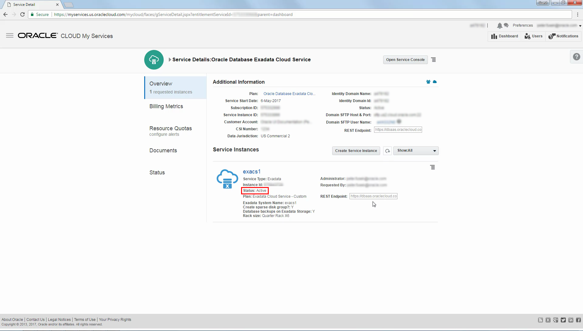 Service Details page showing an active instance