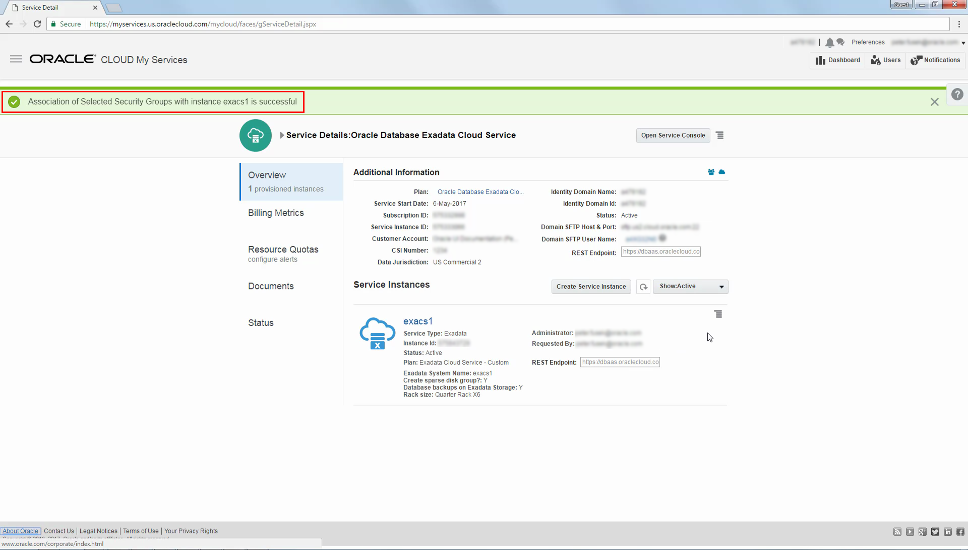 List of service instances showing successful security group association