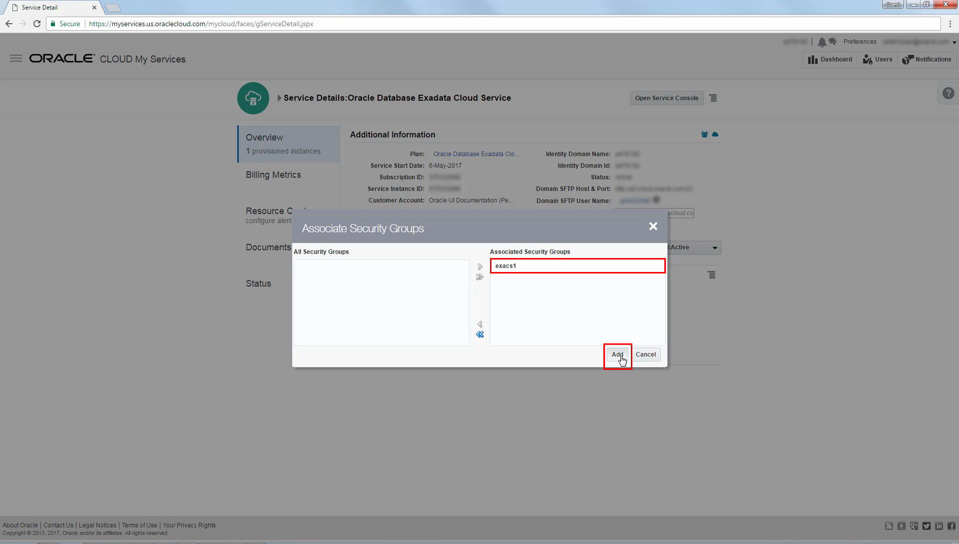 Associate Security Groups dialog