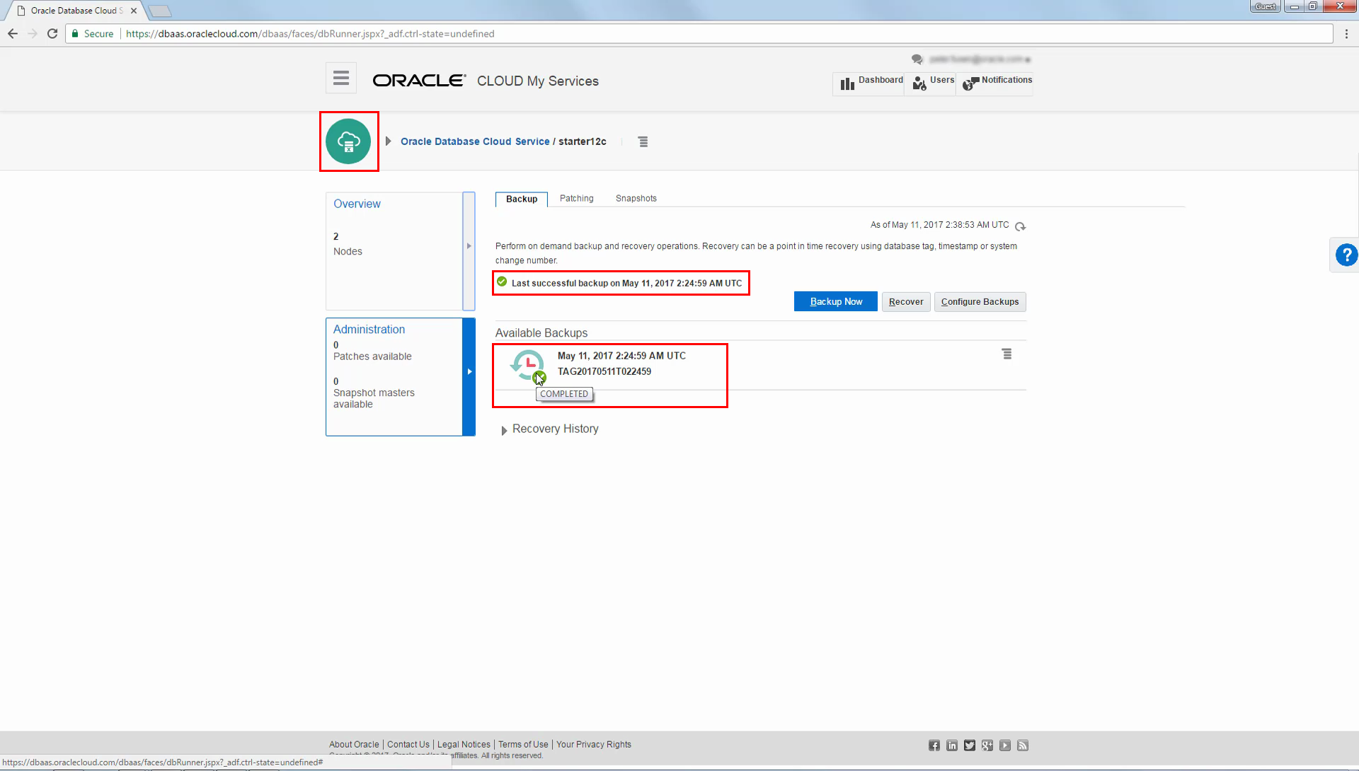 Administration page showing completed backup