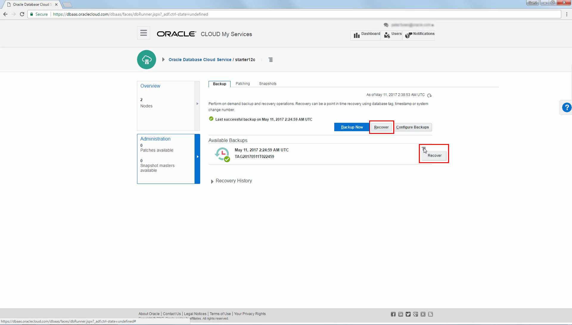Administration page highlighting the available recover options