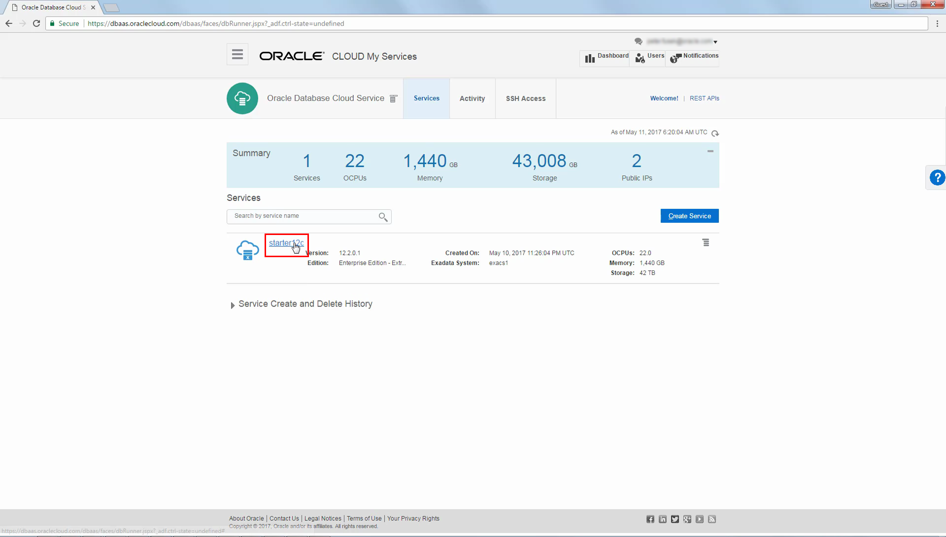 Service Console highlighting the deployment name