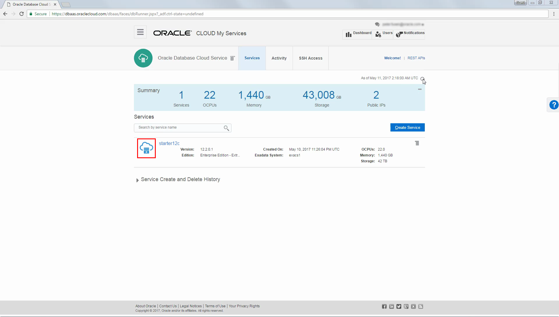 Service Console showing completed database deployment