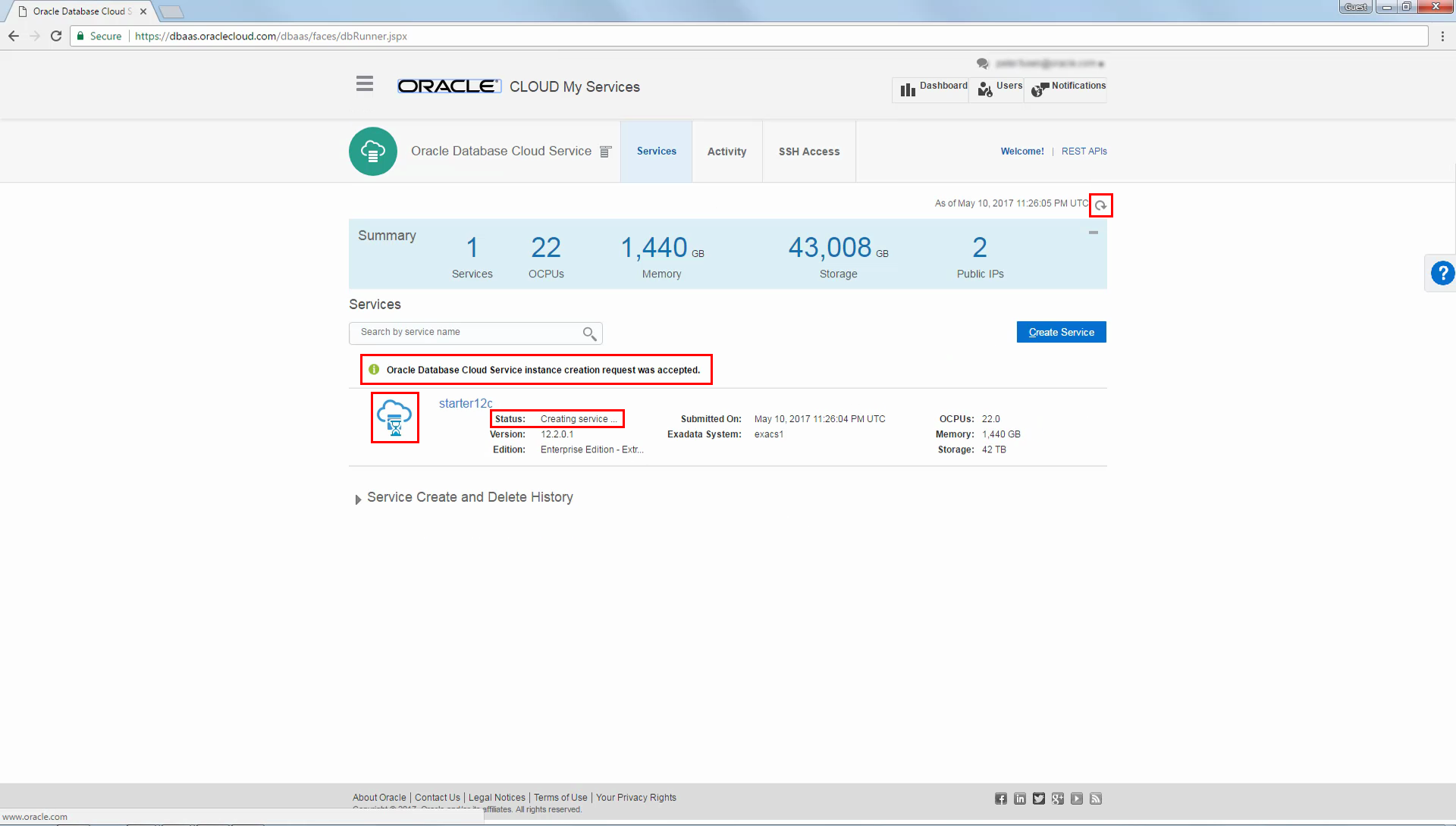 Service Console with message showing that service creation has been initiated