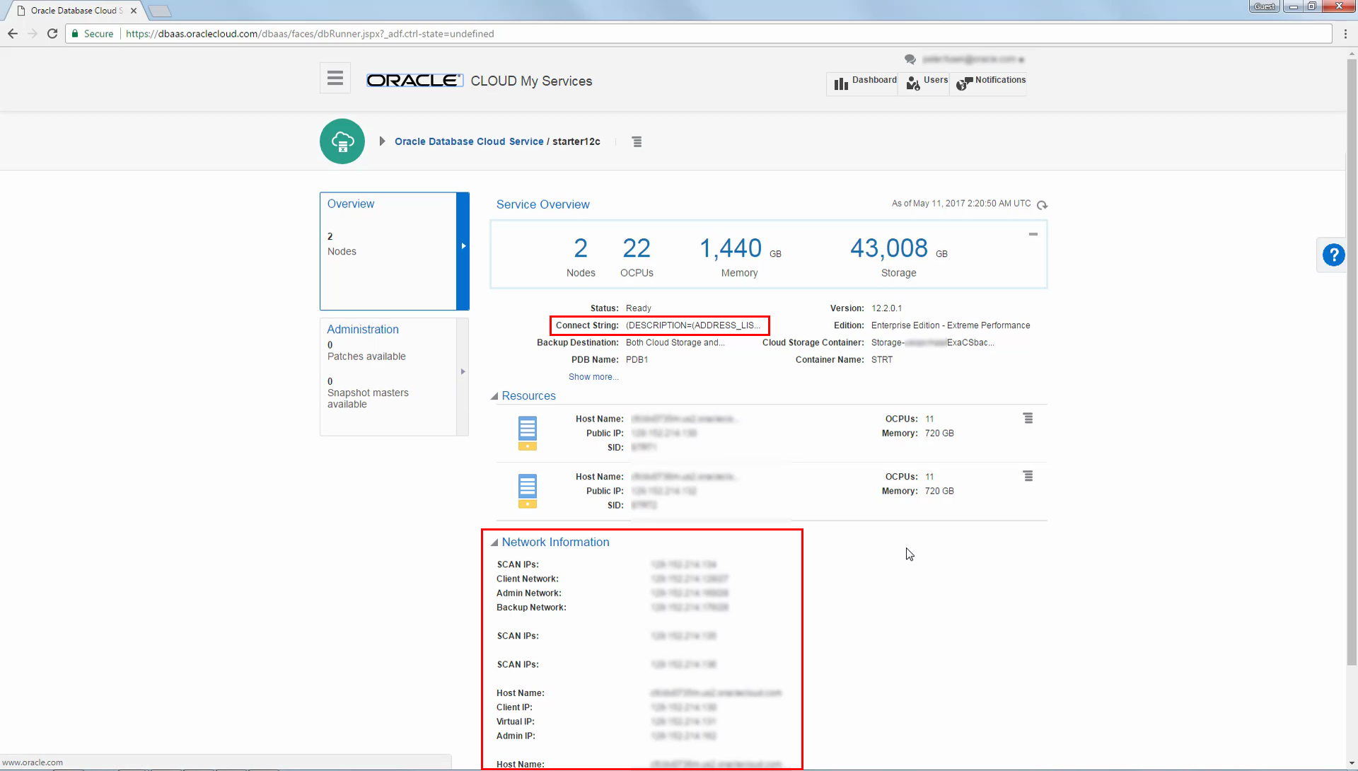 Page showing database deployment details highlighting the database connect string and network information
