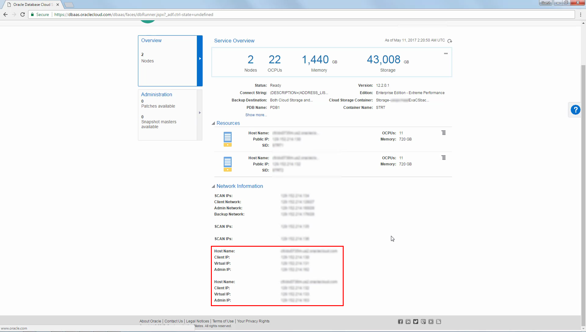 Page showing database deployment details highlighting the compute node network details
