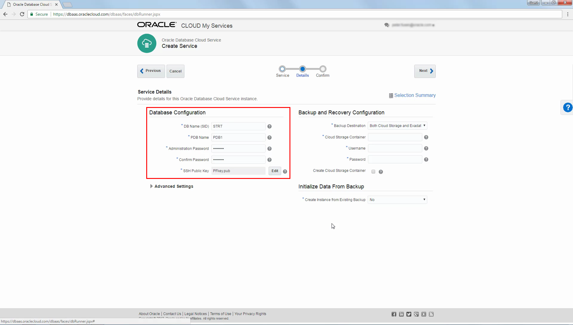 Example of Database Configuration section in Service Details page
