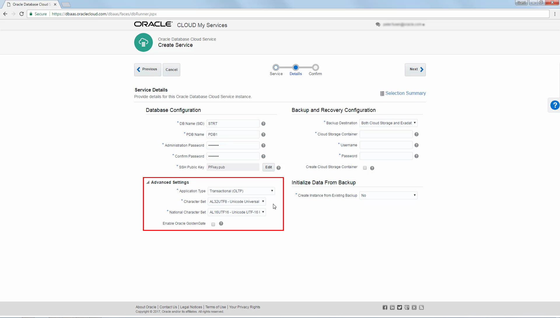 Example of Advanced Settings in Service Details page