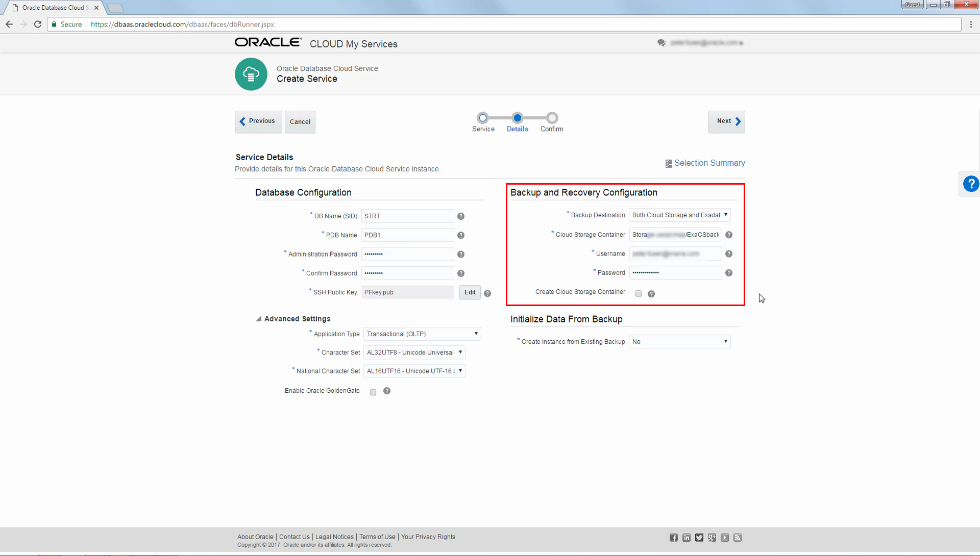 Example of Backup and Recovery Configuration section in Service Details page