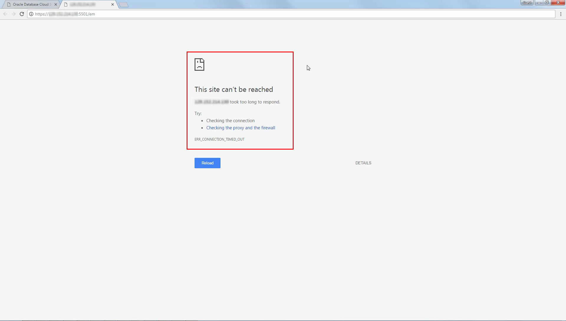 Browser showing failed attempt to open Enterprise Manager console
