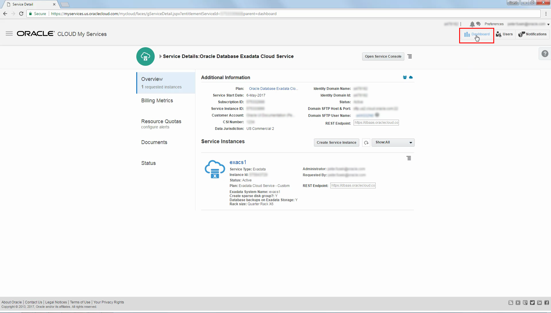 Service Details page with the Dashboard button highlighted
