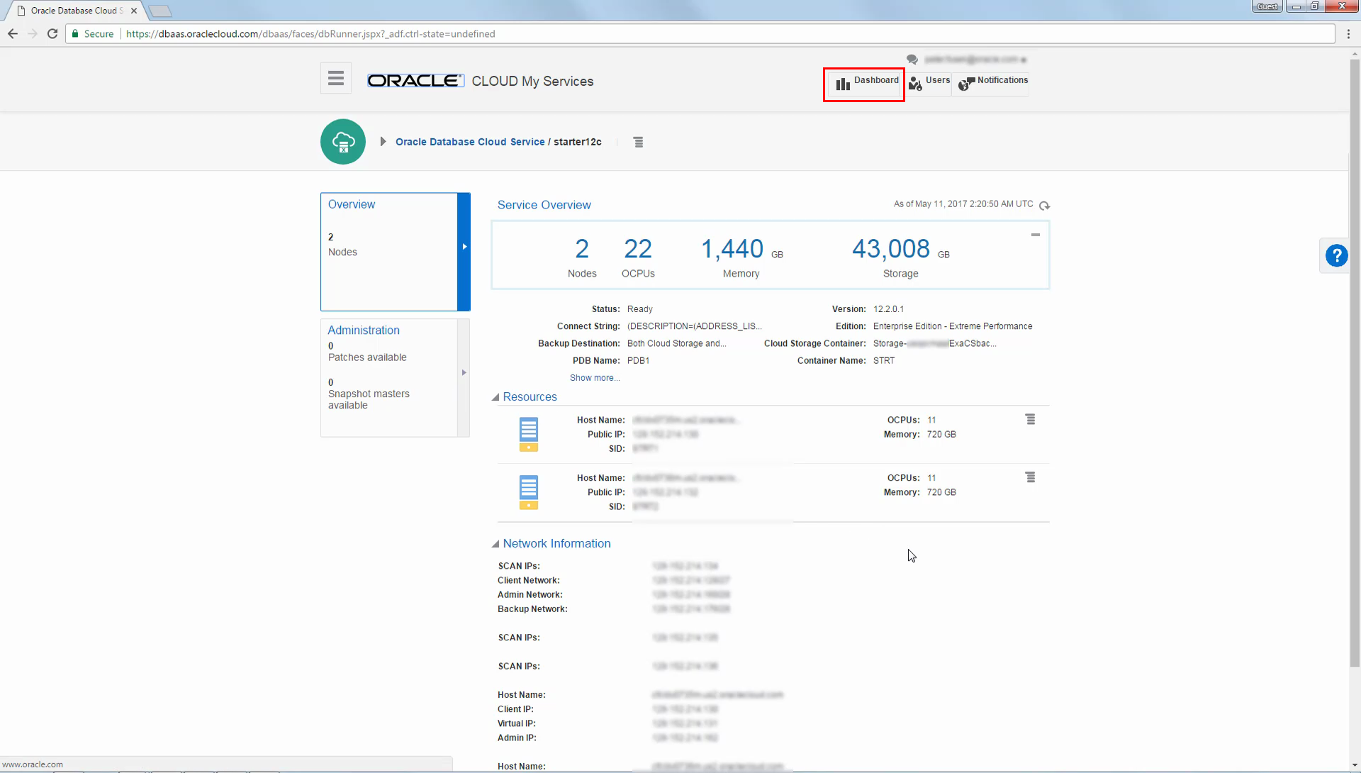 Page showing database deployment details highlighting the Dashboard button