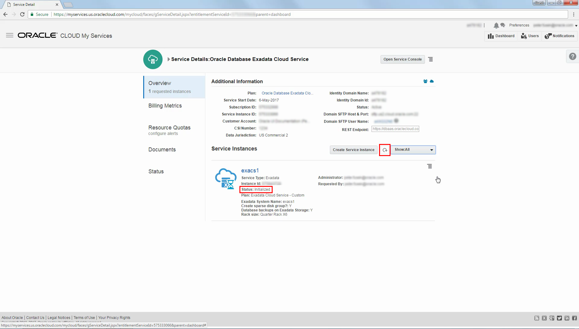 Service Details page showing an initialized instance