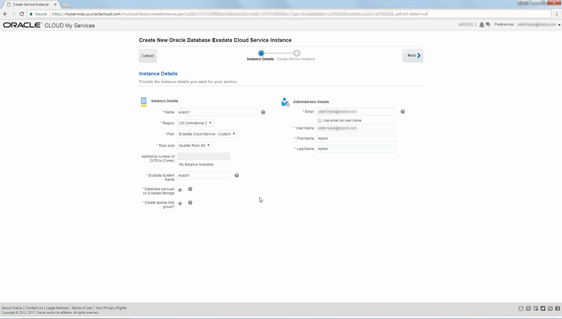 Example of completed Instance Details page