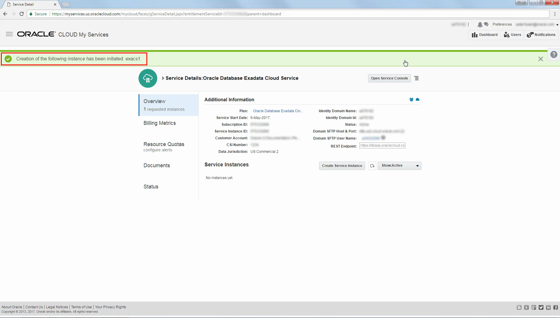 Service Details page with message showing that service instance creation has been initiated