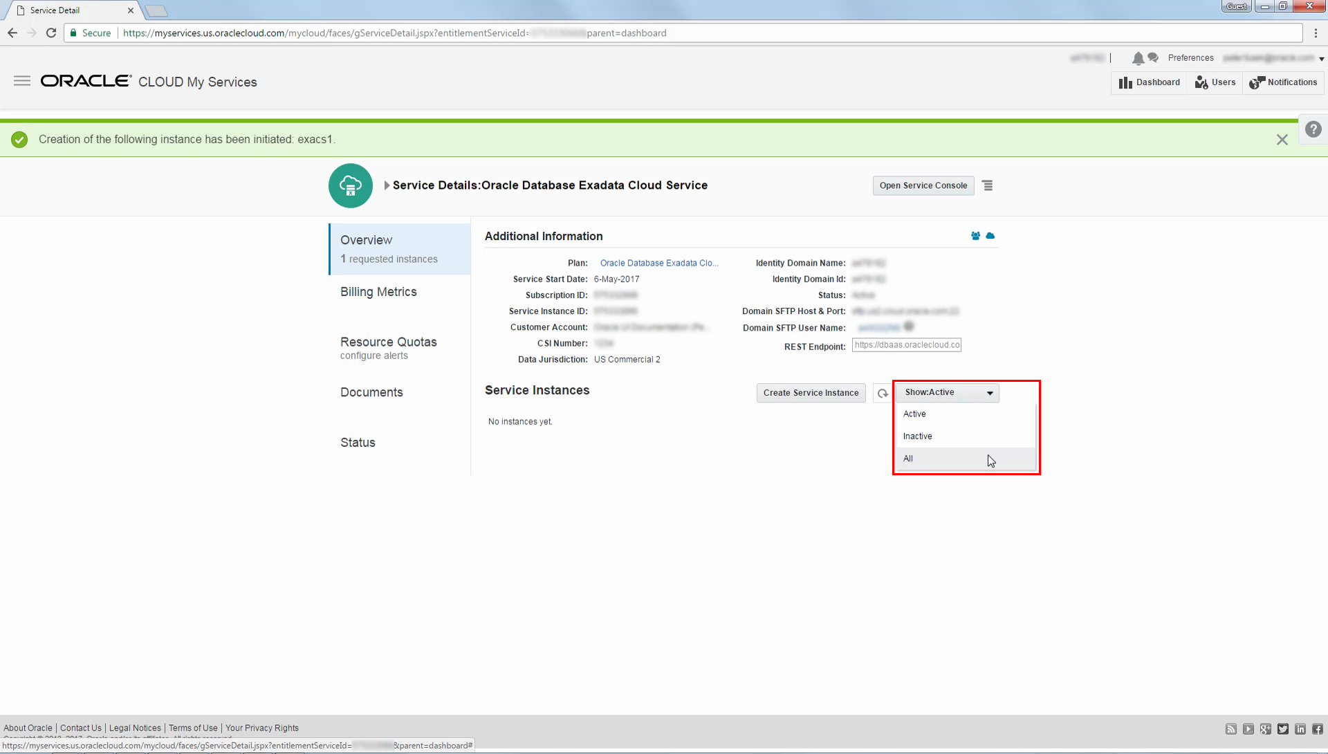 Service Details page showing the option to show all service instances