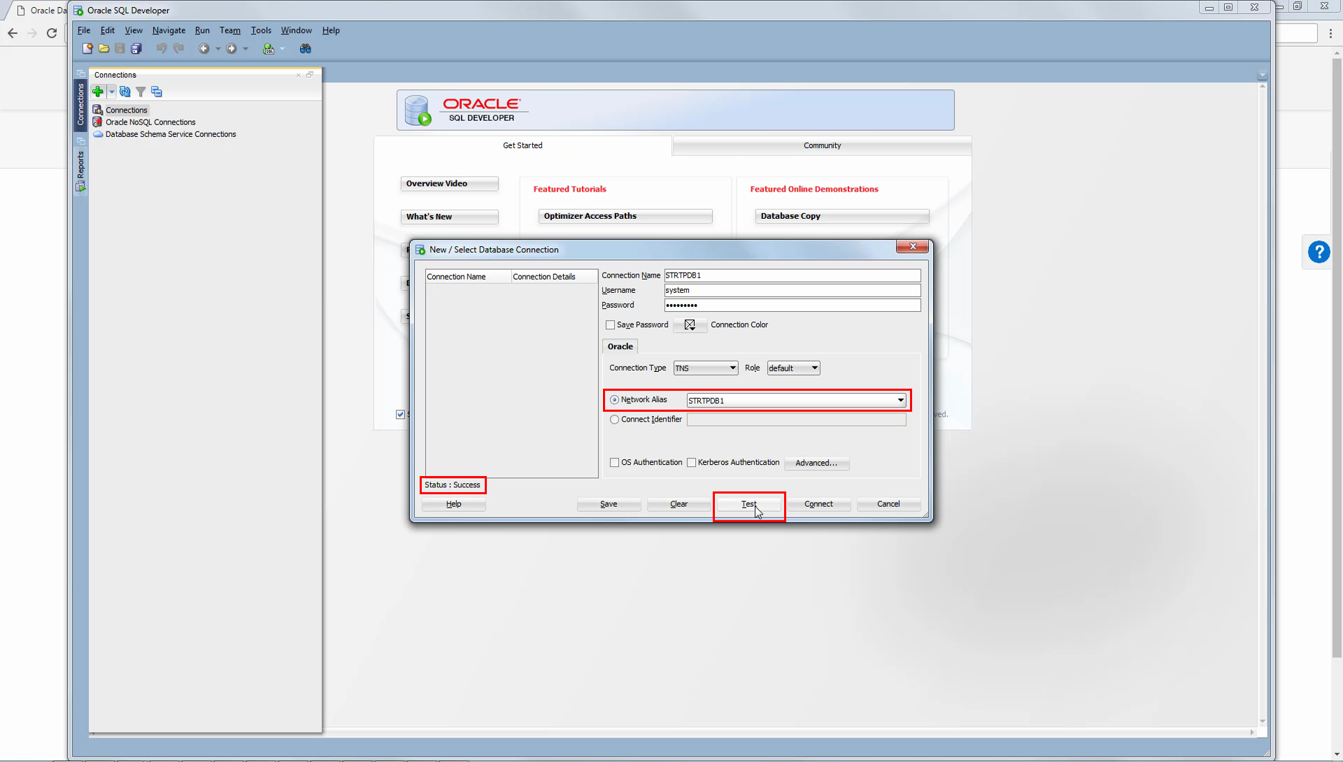 Example SQL Developer session showing successful connection test