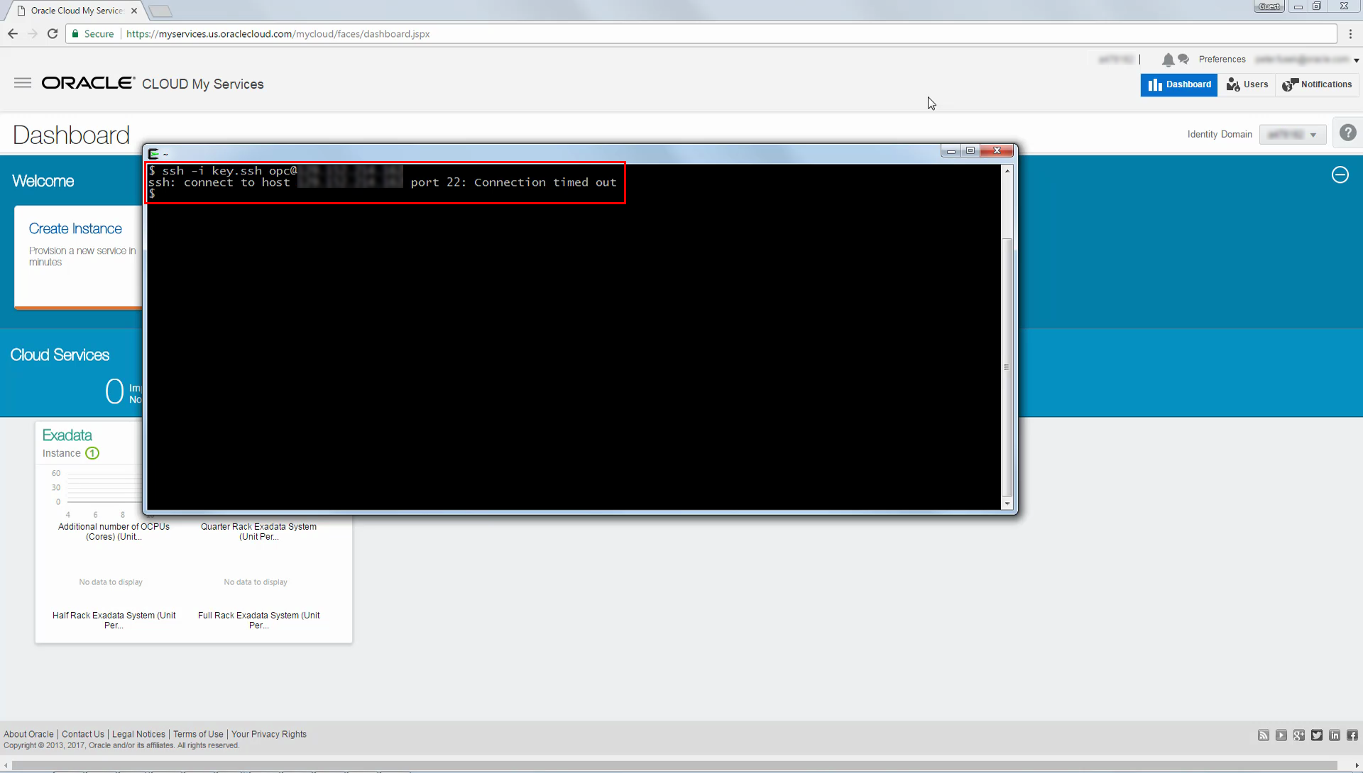 Example SSH session failing to connect prior to security configuration