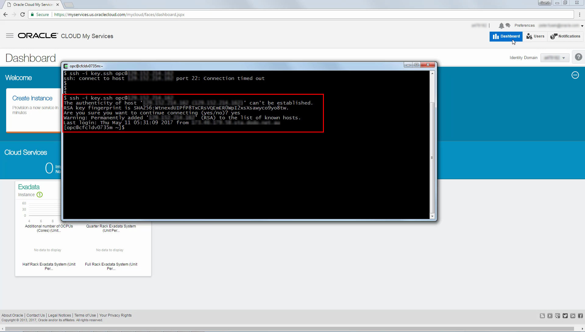 Example SSH session connecting successfully after security configuration