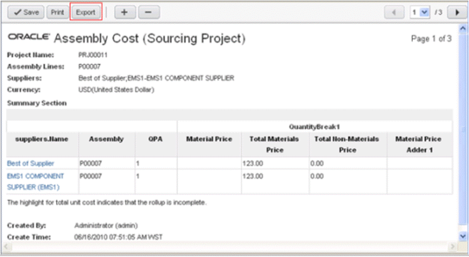 Assembly Cost Report