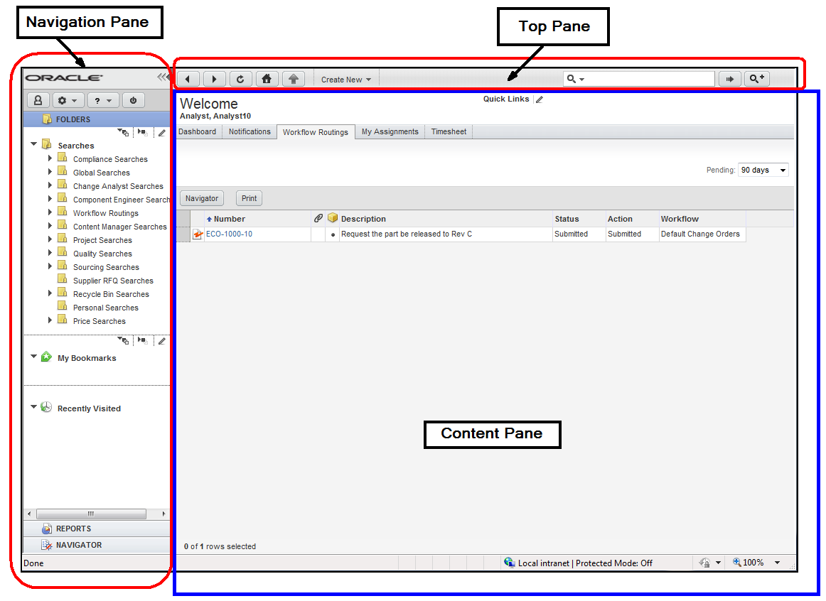 Home page showing Navigation, Top, and Content panes