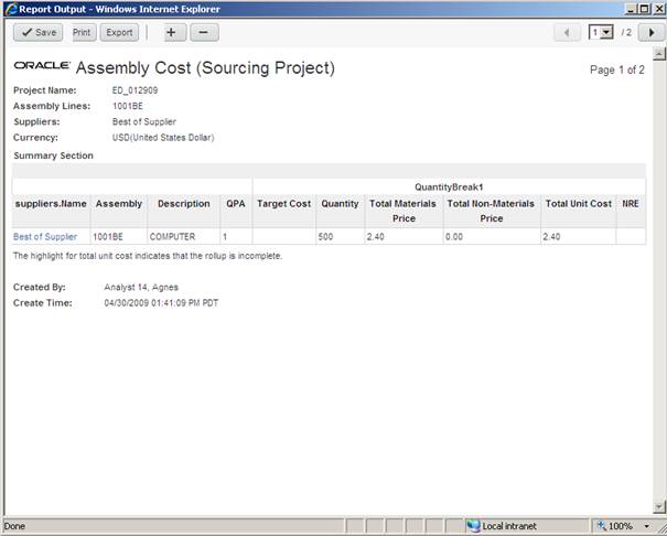 assembly cost report output