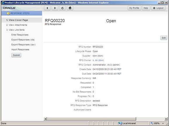 RFQ Cover Page in Basic Edit Mode