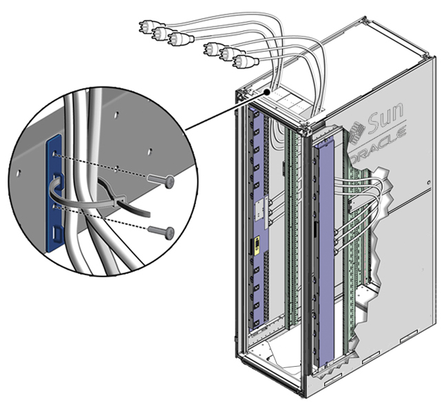 image:Figure showing how to route the power input lead cord up                                 through the top window of the rack.