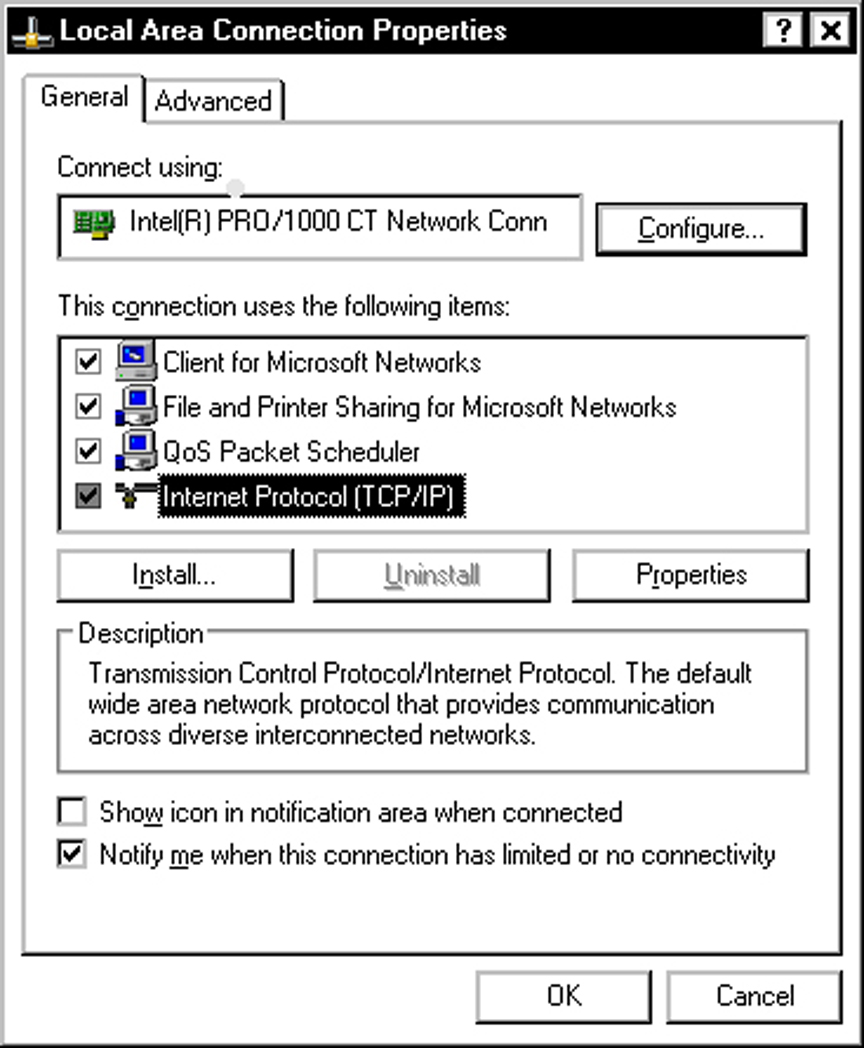 image:Figure showing a Windows XP Local Area Connection Properties                                 window.