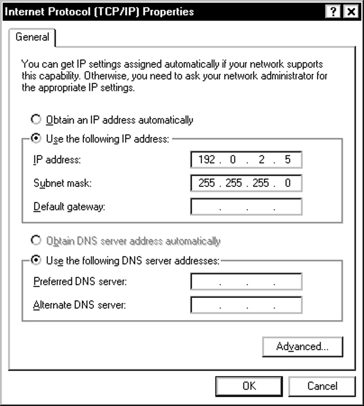 image:Figure showing the Windows XP Internet Protocol                                         Properties window.