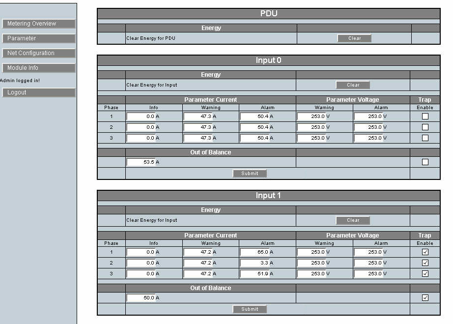 image:Figure showing a Parameter page that includes three Inputs with                             three phases each.
