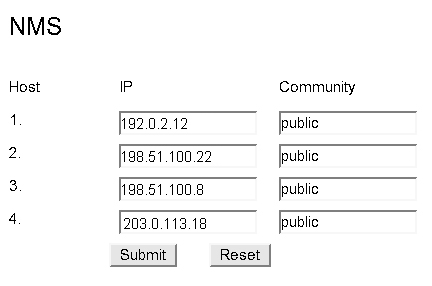 image:Figure showing how to specify NMS host IP addresses and                                 communities.
