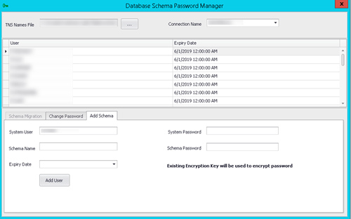 This figure shows the Add Schema tab on the Database Schema Password Manager screen.