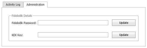 This figures shows the Administration interface for resetting the FidelioBK password and KEK key.