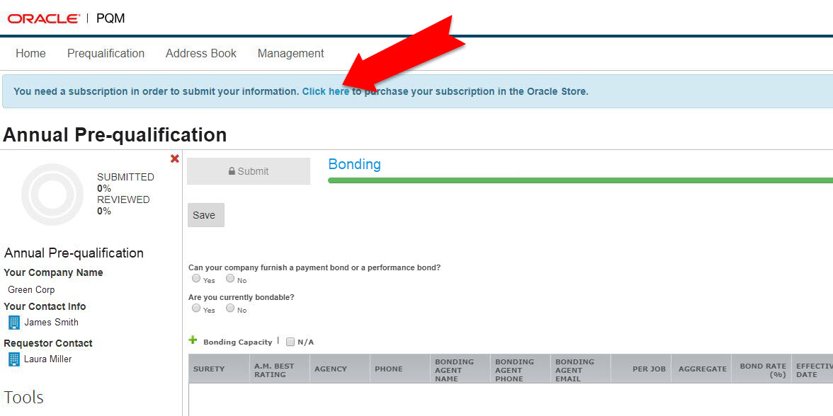 PQM workspace with link to Oracle Store