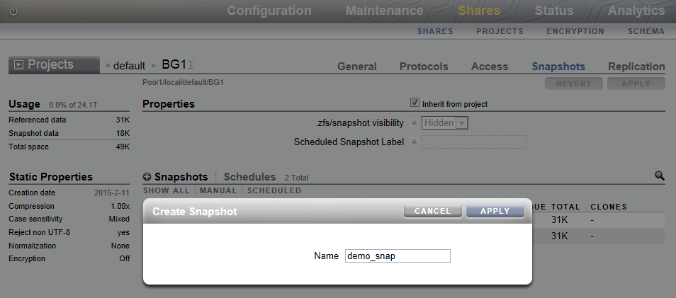 image:Image of Create Snapshot dialog box popped up over BUI Shares                                 Shares Snapshots page, with field for snapshot name.