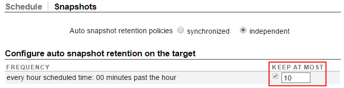 image:Screenshot showing target Auto Snapshot Retention Settings for a Snapshot                     Schedule.