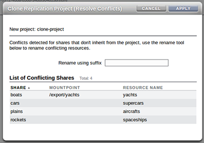 image:Clone Replication Project screen with fields for resolving 									conflicts
