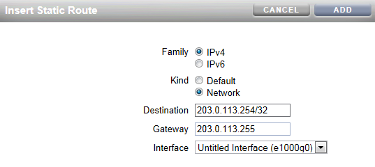 image:Insert Static Route screen