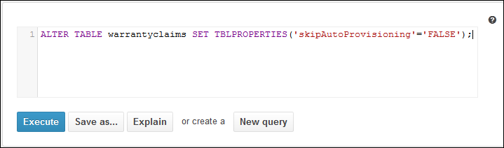 An example of the ALTER TABLE command with "skipAutoProvisioning" set to FALSE.